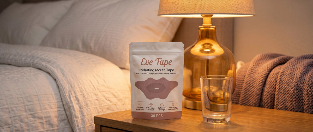 EVE Tape on a nightstand beside a water glass